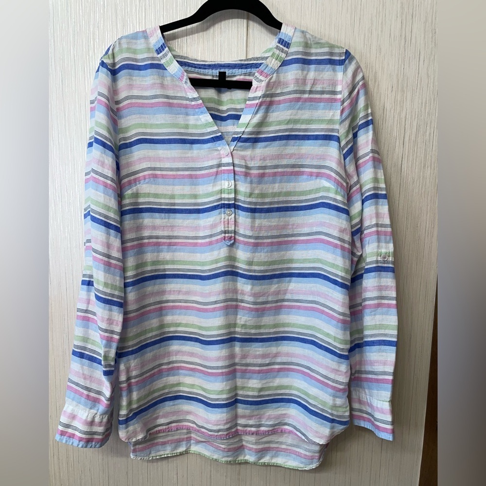 Talbots 100% Linen Tunic Top‎ – Striped Long Sleeve Blouse Size M